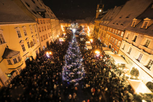 Rozsvícený vánoční stromek v podvečer na Chebském náměstí v roce 2023.